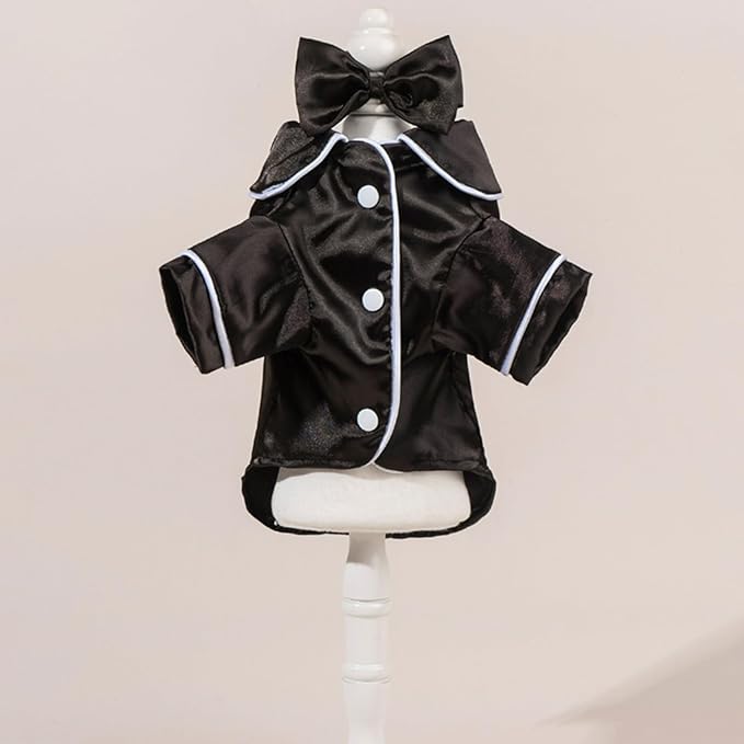Cat Puppy Costume Elegant Satin Pajamas with Bow Headband 2PCs Set Pet Sleepwear Cute Pet Outfit Cosplay Partywear Photoshoots (Black Set,X-Large)