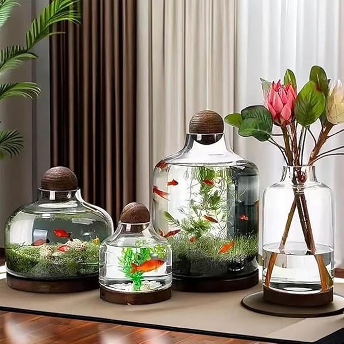 Glass Aquarium, Miniature Landscape Terrarium Glass Fish Tank with Wooden Base, Modern Betta Fish Tank, Small Aquarium for Home and Office Decoration,S