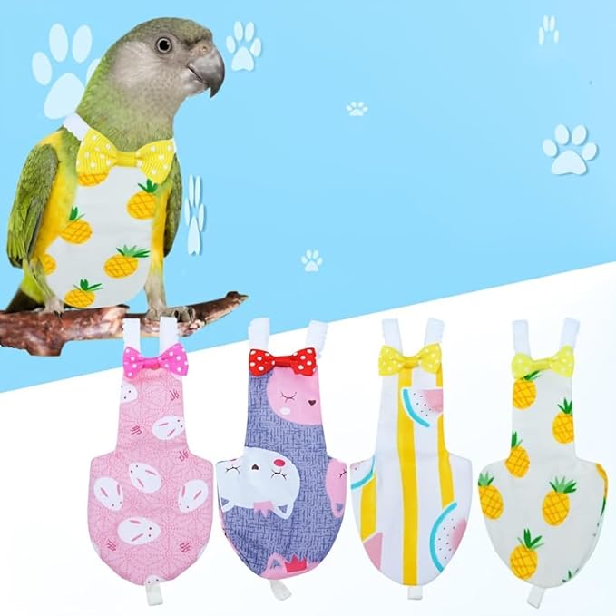 Bird Clothes, 4-Pack Reusable Bird Diapers with Adjustable Strap for Small and Medium Parrots, Cockatiels, Lovebirds, Parakeets (S)