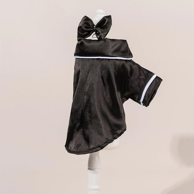 Cat Puppy Costume Elegant Satin Pajamas with Bow Headband 2PCs Set Pet Sleepwear Cute Pet Outfit Cosplay Partywear Photoshoots (Black Set,X-Small)