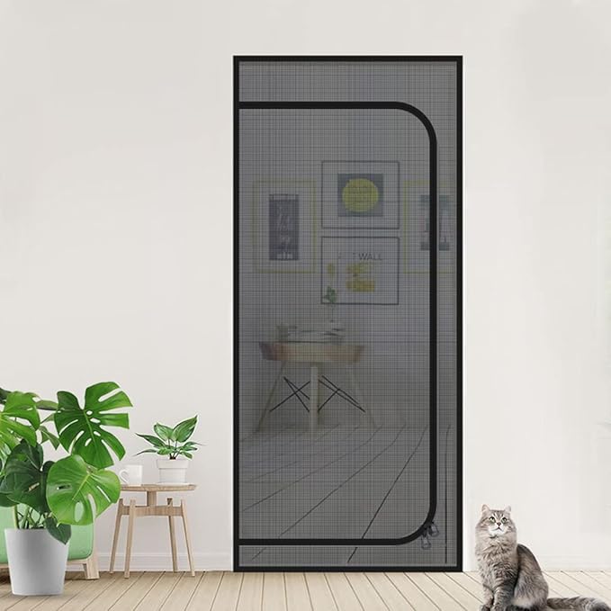 DOOREASY Cat Resistant Mesh Screen to Stop Cats Running Out, Thickened Easy Install Pet Screen Door with Zipper Closure for Doorways, Bedroom, Kitchen, Patio (Fits Doors Up to 30"x80")