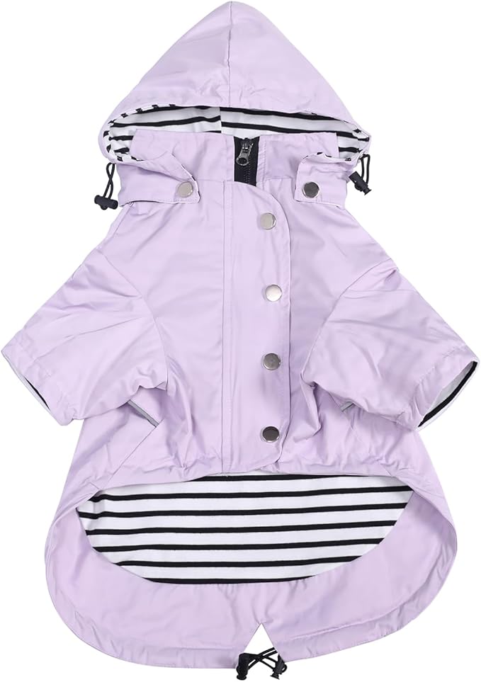 Morezi Dog Zip Up Raincoat with Reflective Buttons, Rain/Water Resistant, Adjustable Drawstring, Removable Hood, Raincoats with Legs 8lbs to 80lbs Available - Purple - XL