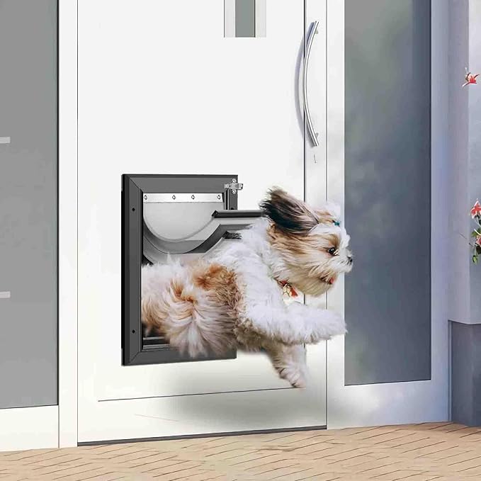 [Petoasis] 3-Flaps Heavy-Duty Dog Door, Rust Proof Aluminum Alloy Frame, Extreme Weather Dog Door Can Block Wind, Snow, and Rainwater Intrusion (Black, Large for Door)
