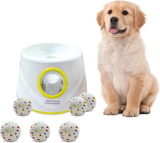 Automatic Ball Launcher for Dogs ，The Upgraded Ball Thrower Adjustable Distance 20-45ft Including 6 PCS 2.3-inch Sized Balls, Interactive Dog Toys Suitable for Small to Medium Sized Dogs
