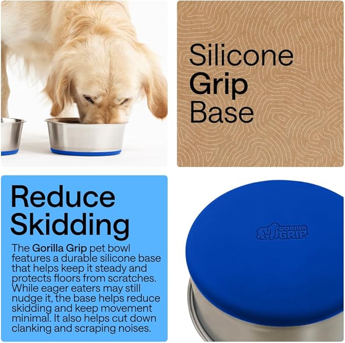 GORILLA GRIP Dog Bowls, Heavy Duty 304 Stainless Steel, Holds 6 Cups Each (48 fl oz) Food and Water Bowl for Feeding Dogs and Cats, Dishwasher Safe, Rust Resistant, BPA Free Rubber Base Set of 2 Blue