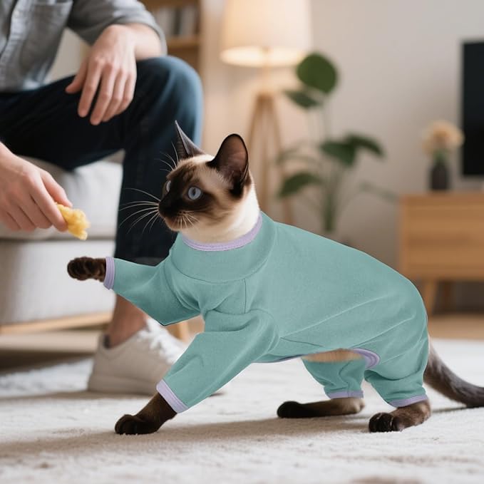 DENTRUN Cat Clothes for Hair Control with Hair Sticky Fabric - Soft Recovery Suit & Breathable Lint-Resistant Cat Sweater for Cats Only, Kitten Onesie Pajamas, XL, Bean Green