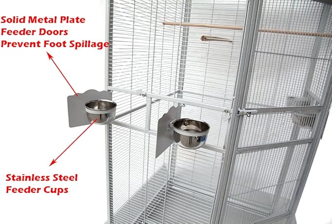 64" Extra Large Corner Bird Flight Breeding Wrought Iron Rolling Parrot Cage Side Solid Metal Plate Feed Doors Pull Out Removable Grate and Tray with Around Metal Seed Guard