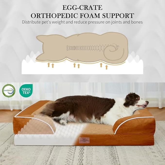 Comfort Expression Orthopedic Dog Bed for Large Dogs 36x27 Inch, Waterproof Supportive Egg Crate Foam Large Pet Bed with Removable Bolsters, Dog Couch with Washable Cover & Non-Slip Bottom, Orange