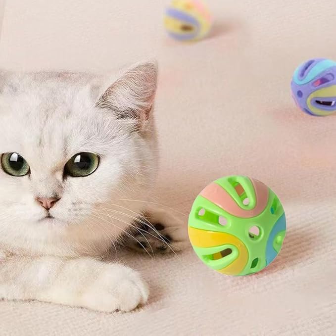 Colorful Cat Toy Balls with Bell, Interactive Hollow Design, Plastic, Training Exercise Toy (Yellow 6 Pack)