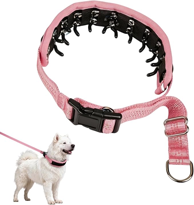 Lightweight Prong Collar for Dogs, Reflective No Pull Dog Collar | Adjustable Size Dog Pinch, Breathable Woven Fabric Air Grid Technology, Martingale Collar for Dogs Training（Pink-M）