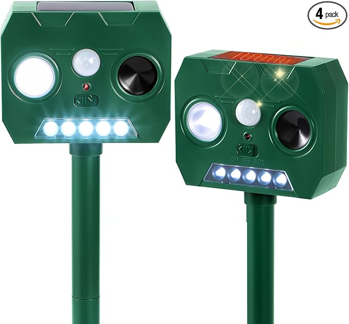 Solar Ultrasonic Animal Repellent Outdoor, 4 Pack Cat Squirrel Raccoon Bird Dog Deer Repellent Devices with PIR Motion Sensor ＆ LED Flash, Waterproof Animal Deterrent for Garden Yard Farm