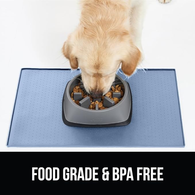 GORILLA GRIP 100% Waterproof Raised Edge BPA Free Silicone Pet Feeding Mat, Dog Cat Food Mats Contain Spills Protects Floors, Placemats for Cats and Dogs Water Bowl, Pets Accessories 32x24 Blue