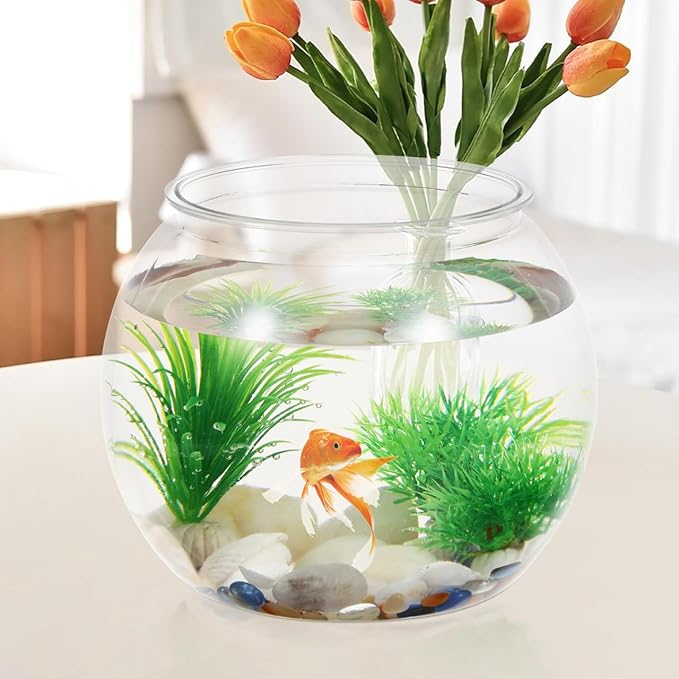 POPETPOP Small Fish Tank Desktop Aquarium Round Clear Plastic Fish Bowl for Home Office Decor 8.66X8.66X6.89 Inches