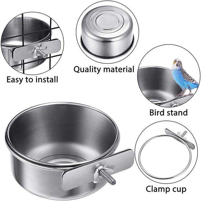 8 pcs Bird Feeding Dish Cups, Parrot Stainless Steel Food Bowl Cage Water Feeder with Clamp Holder for Parrots Cockatiel Budgies Lovebird Parakeet Feeding Cups with 8 Spoon