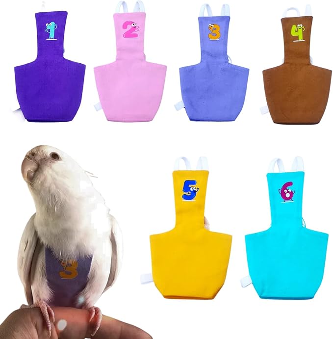 Bird Diaper Protective Parrot Nappy - 6 Pack, Reusable Flight Suit with Waterproof Inner Layer, Washable Cute Urine Wet Suit for Cockatiel Conure Macaw Lovebird (Pigeon)