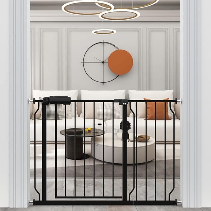 WAOWAO Baby Gate 48.03-52.76" Extra Wide Pressure Mounted Walk Through Swing Auto Close Safety Black Metal Toddler Kids Child Dog Pet Puppy for Stairs,Doorways,Kitchen