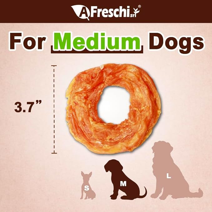 A Freschi srl Turkey Tendons for Dogs, USA-Sourced, Healthy Dog Treats, Rawhide-Free Puppy Chews, Long Lasting, All Natural, Hypoallergenic Dog Treats for Medium Breeds, 20 Count Box Ring (M)