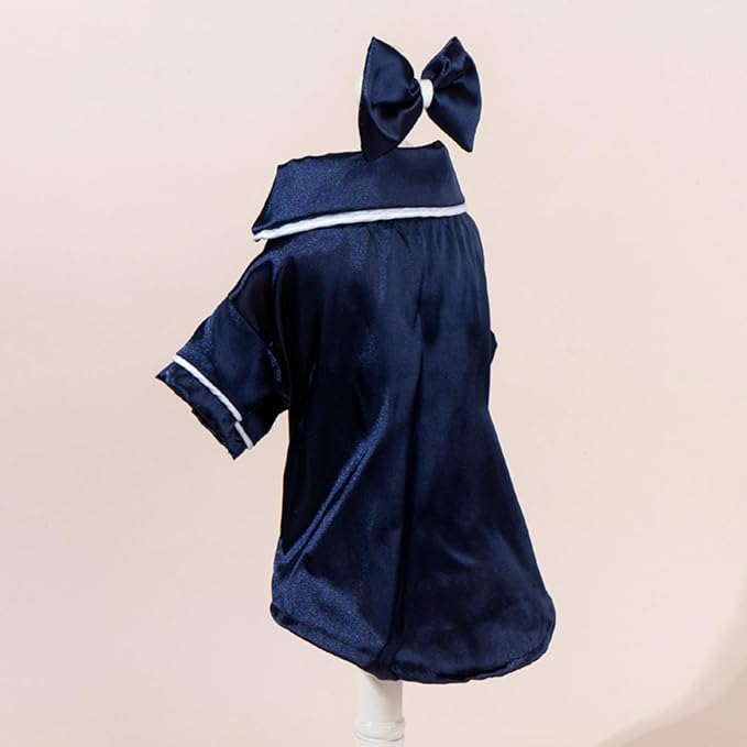 Cat Puppy Costume Elegant Satin Pajamas with Bow Headband 2PCs Set Pet Sleepwear Cute Pet Outfit Cosplay Partywear Photoshoots (Blue Set,X-Large)