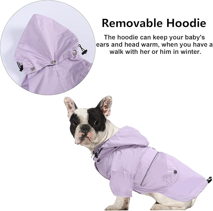 Morezi Dog Zip Up Raincoat with Reflective Buttons, Rain/Water Resistant, Adjustable Drawstring, Removable Hood, Raincoats with Legs 8lbs to 80lbs Available - Purple - S