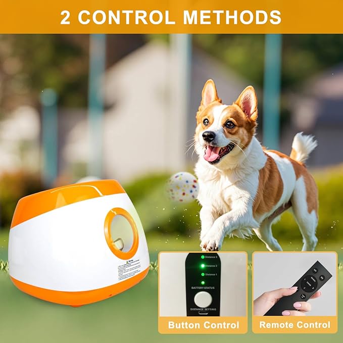 Large Automatic Dog Ball Launcher with 6 Tennis Balls (2.5"), Dog Ball Thrower for Medium & Large Dogs, 3 Adjustable Distance 26-78FT, Remote Control Launcher for Outdoor