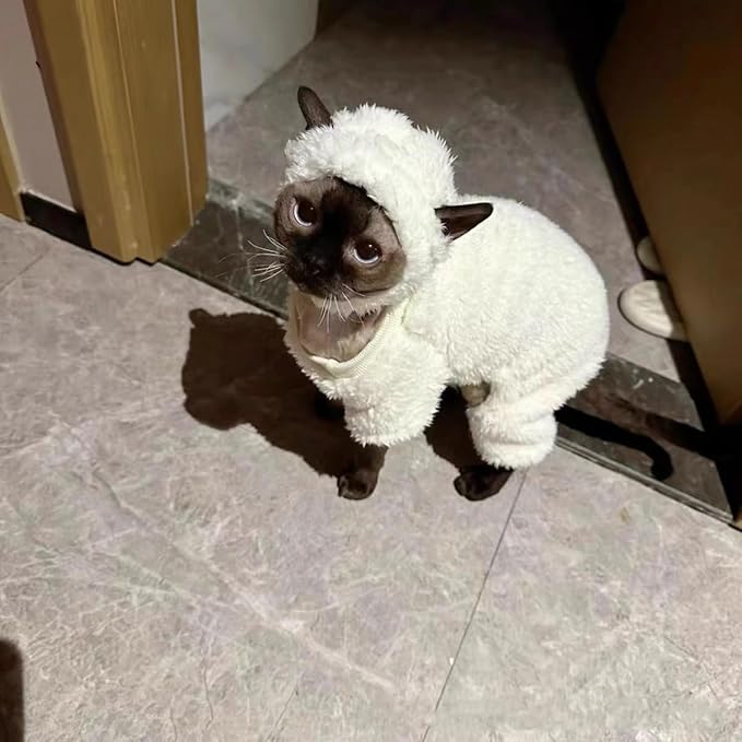 Warm Fleece Lined Winter Clothing for Sphynx & Devon Rex Cats | Soft Faux Lamb Wool | Cozy and Comfortable (Sheep Costume,XXL About 5-5.5kg/11-12.1pounds)