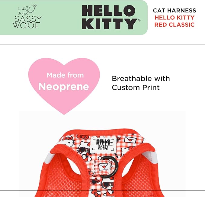 Sassy Woof Cat Step-in Harness - Hello Kitty® Red Classic - M, Breathable Mesh, No Pull Design with Two D-Rings, Perfect for Medium Cats - Officially Licensed
