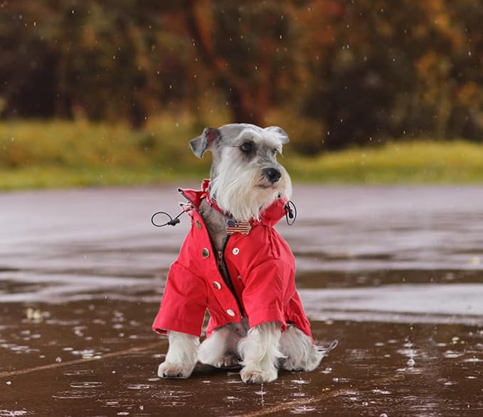 Dog Zip Up Raincoat with Reflective, Rain/Water Resistant, Adjustable Drawstring, Removable Hood, Raincoats with Legs 8lbs to 80lbs Available - Red - Small