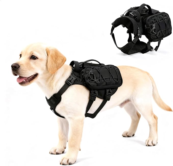Medium Dog Harness Backpack, No Pull Adjustable Dog Vest with Handle & Leash Ring, Lightweight Dog Backpack with Side Pockets for Walking, Training & Day Hikes, Black, M