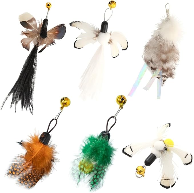 Cat Insect Feather Toys Replacement Cat Toy Wand Refills, 6 Pieces Natural Insect Cat Toy Feathers Refill, Interactive Cat Teaser Wand Attachments, with Bell