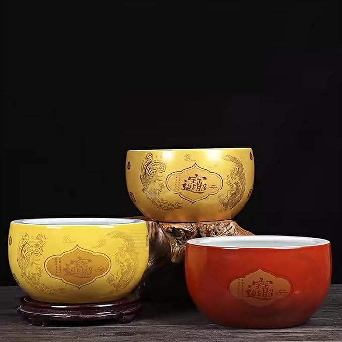Fish Tank Treasure Bowl Ceramic Fortune Fish Tank Desktop Ceramic Small Treasure Bowl Turtle Feeding Bowl Aquarium(Gold,26x14cm)