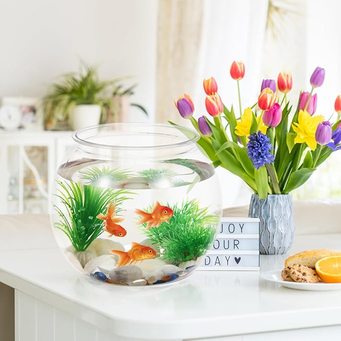 POPETPOP Small Fish Tank Desktop Aquarium Round Clear Plastic Fish Bowl for Home Office Decor 8.66X8.66X6.89 Inches