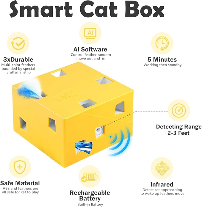 Migipaws MigiBox Cat Toy with PopSkin, Interactive Kitten Toy for Indoor Cats, Automatic Pop Out Feathers from 12 Holes Randomly, Pounce Mystery Under Cover to Stimulate Bored Furry, Rechargable