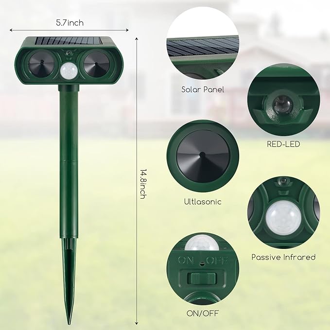 Solar Animal Repellent Outdoor Cat & Deer Repellent with Motion Sensor,Waterproof Ultrasonic Animal Repeller Deterrent Devices Control for Dog Squirrel Raccoon Skunk Rabbit Out of Garden Farm Yard