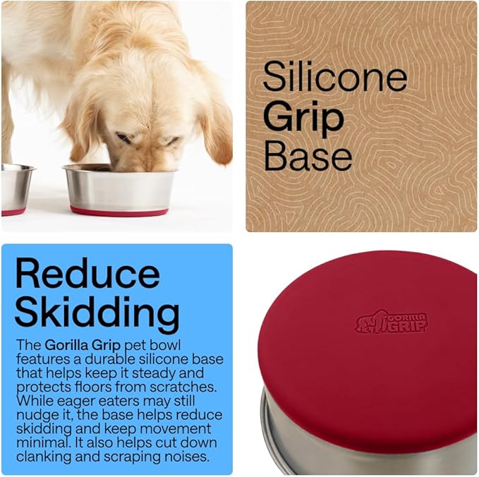 GORILLA GRIP Dog Bowls, Heavy Duty 304 Stainless Steel, Holds 8 Cups Each (64 fl oz) Food and Water Bowl for Feeding Dogs and Cats, Dishwasher Safe, Rust Resistant, BPA Free Rubber Base Set of 2 Red