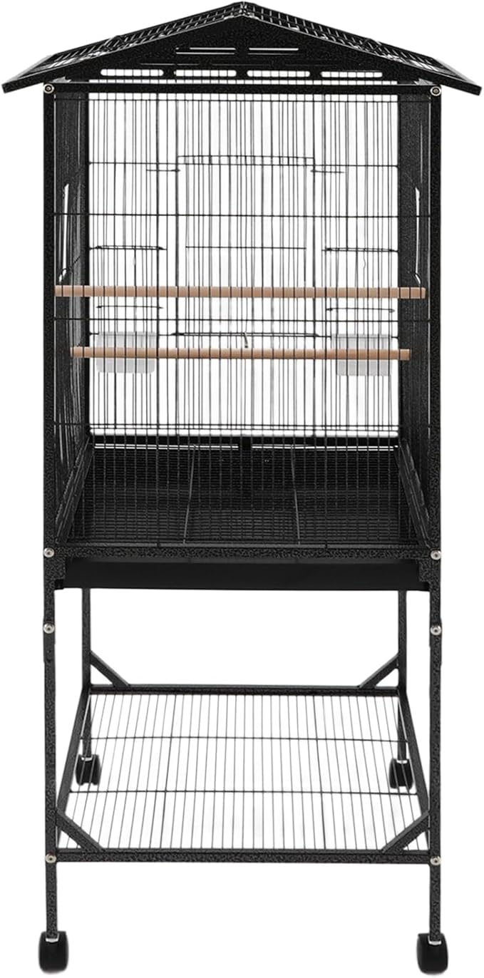 Large Bird Cage with Stand & Wheels, Freestanding Parakeet Birdcage with Wooden Stands & Feeding Cups, 49.2 Inch Bird Flight Cages for Parrot Canaries Cockatiels Budgie Parrotlet (Black-C)