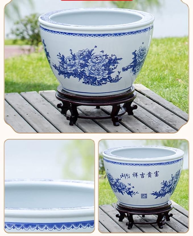 Fish Tabk Chinese Style Blue and White Ceramic Goldfish Bowl Fish Tank Balcony Fish Culture Tank Courtyard Lotus Tank Turtle Tank Aquarium Starter Kits Cool Fish Tank(Color:A,Size:42cm)