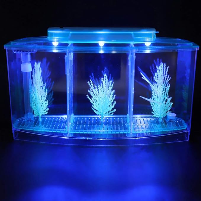 HEEPDD Triple Chamber Fish Breeder Box for Aquarium, Transparent Acrylic Small Fishes Breeding Isolation Box with Six LED Lights and Water Change Valve Breeder for Fish Tank (Blue)