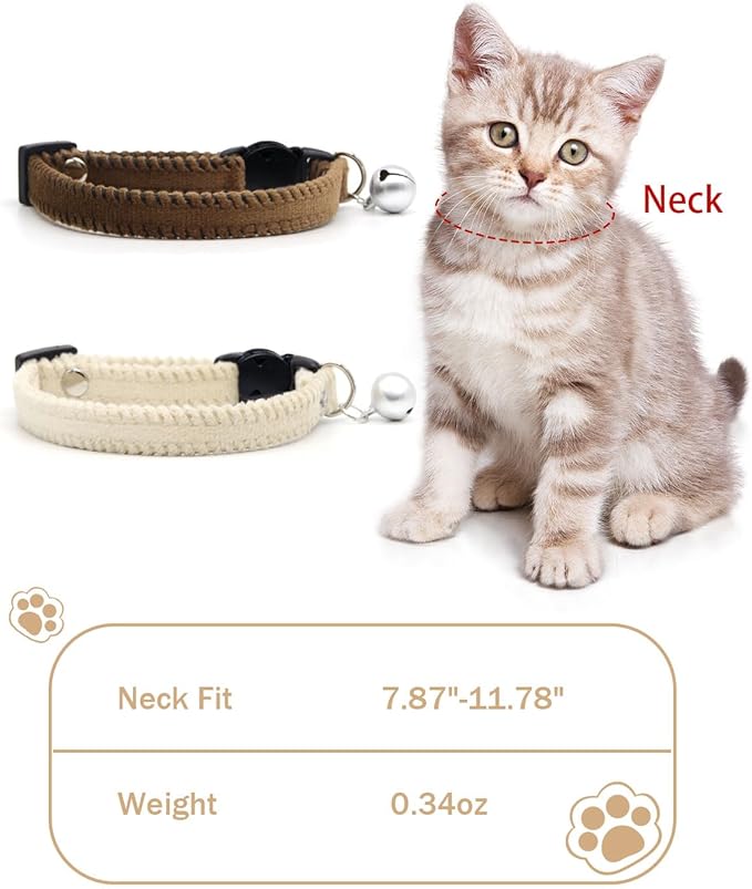 Furry Breakaway Cat Collar with Bell, Adjustable 7.87"-11.78" Kitten Collar, Suitable for All Types of Cats and Small Dogs (M, White)