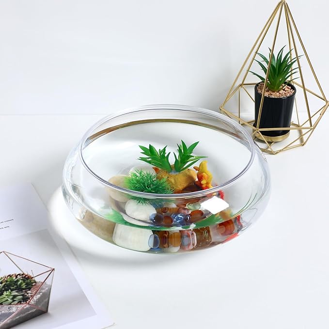HANABASS Clear Fish Bowl Vase Wide Mouth Bubble Bowl Round Shallow Planter Terrarium Fish Tank- Aquatic Plant Pot Hydroponic Planter Table Centerpiece, 9.5X 9.5X 3.9 Inch, for Office Home