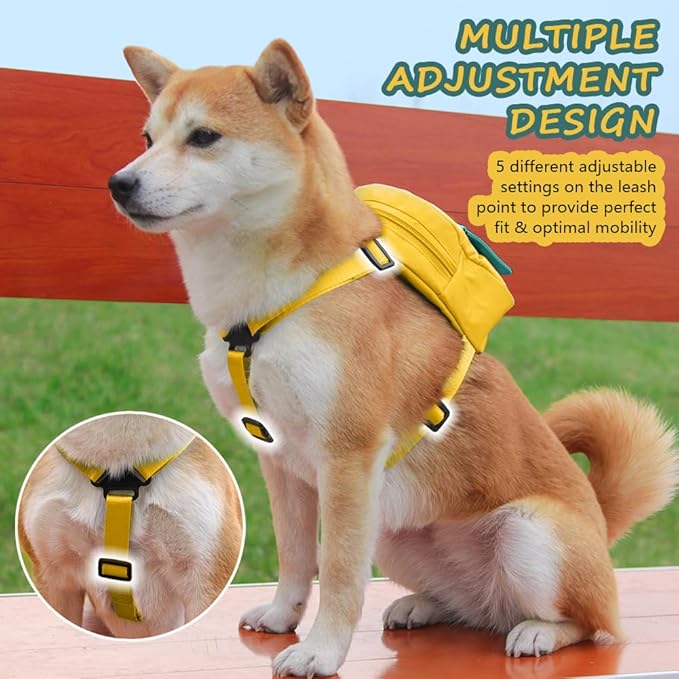 Dog Backpack Harness with Leash,Cute Pet Puppy Backpacks Bulid-in Dog Poop Bag Dispenser,Adjustable Pets Self Carrier Bag for Small Medium Dogs Travel Hiking Daily Walking(M, Yellow)