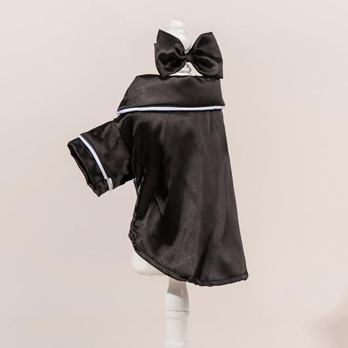 Cat Puppy Costume Elegant Satin Pajamas with Bow Headband 2PCs Set Pet Sleepwear Cute Pet Outfit Cosplay Partywear Photoshoots (Black Set,X-Large)