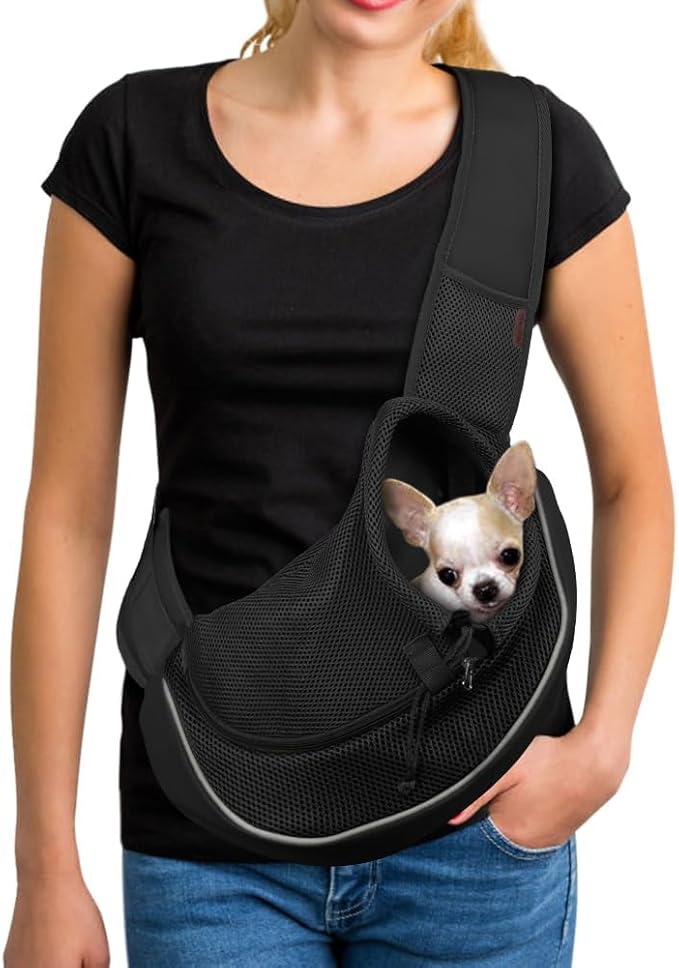 YUDODO Pet Sling Carrier for 10-15 lbs Small Dogs & Cats – Hands-Free Puppy Carrier with Safety Hook, Large Zipper Pocket, Soft Breathable Mesh, Adjustable Strap & Reflective Strip (L, Black 2.0)