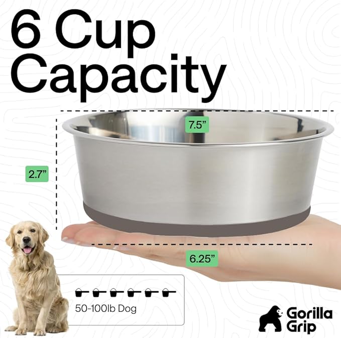 GORILLA GRIP Dog Bowls, Heavy Duty 304 Stainless Steel, Holds 6 Cups Each (48 fl oz) Food and Water Bowl for Feeding Dogs and Cats, Dishwasher Safe, Rust Resistant, BPA Free Rubber Base Set of 2 Beige