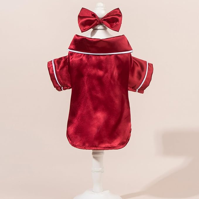 Cat Puppy Costume Elegant Satin Pajamas with Bow Headband 2PCs Set Pet Sleepwear Cute Pet Outfit Cosplay Partywear Photoshoots (red Set,X-Large)