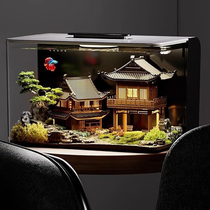 Office Acrylic Desktop Aquarium Kits, HD Plexiglass Betta Fish Tank, Hidden Filtering Area, 3 Gallon Small Fish Tank with LED Light, USB Power Supply, Modern 11L Acrylic Aquarium Starter,With d