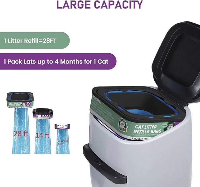 Cat Litter Refill Bags Cartridge 28FT, Compatible with Litter Cat Genie Standard, Plus, XL, XL+ Pail Refills, 7-Layer Odor Control Pet Waste Bags 12 Packs