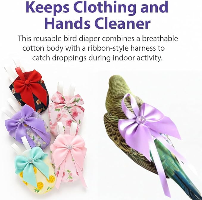 6pcs Bow Bird Diaper Set, Soft Reusable Flight Suit Clothing for Parrots Budgies Cockatiels — Cleaner Indoor Bonding & Training(S)