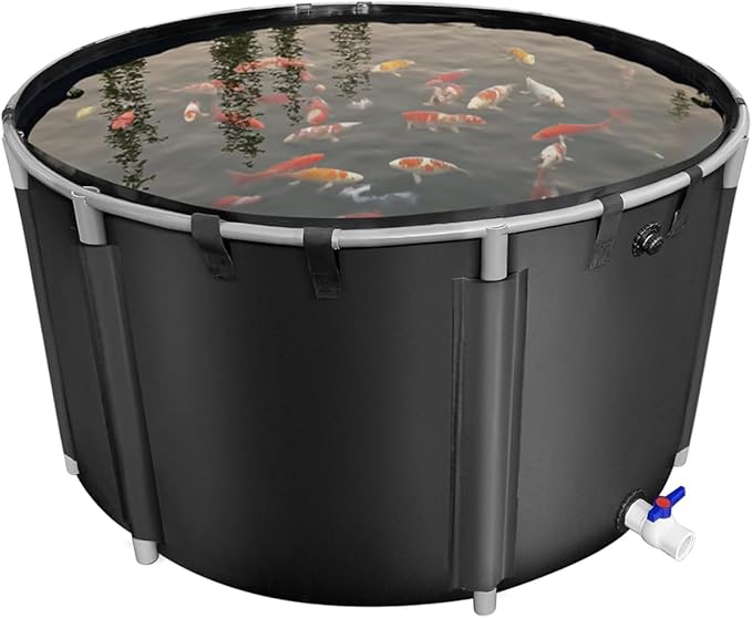 Canvas Fish Pond, 450 Gallon Capacity Koi Pond, Foldable PVC Outdoor Fish Tank, Round Goldfish Bowl, Above Ground Pond with Stabilizing Frame and Drain Valve for Koi Farming, Aquaculture