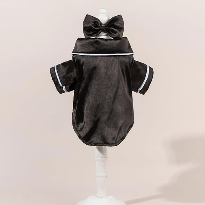 Cat Puppy Costume Elegant Satin Pajamas with Bow Headband 2PCs Set Pet Sleepwear Cute Pet Outfit Cosplay Partywear Photoshoots (Black Set,X-Large)