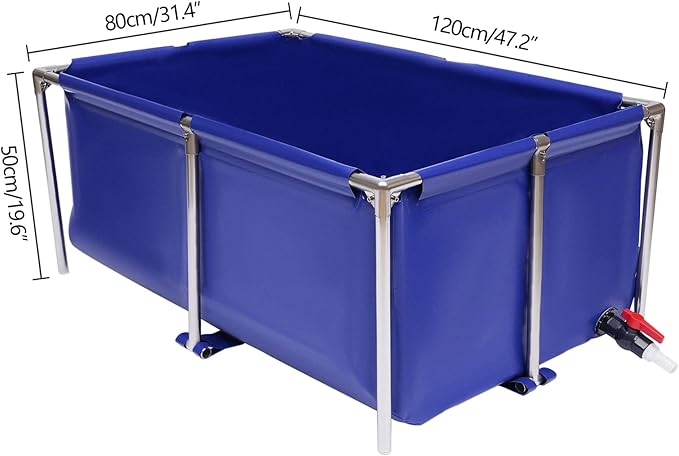Canvas Fish Pond Aquarium Fish Water Tank, Koi Breeding Pond with Metal Frame and Drain Valve,Blue Cuboid Ornamental Swimming Pool Foldable Water Storage Above Ground Pond for Home